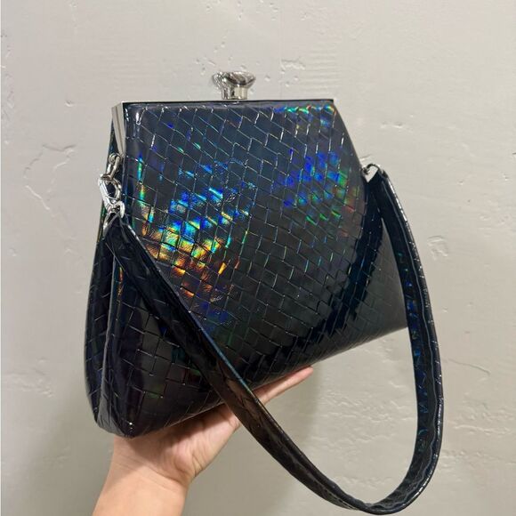 Unique Iridescent Embossed Leather Handmade Push Lock Boxy Bag, Multi Use Style - Picture 10 of 17